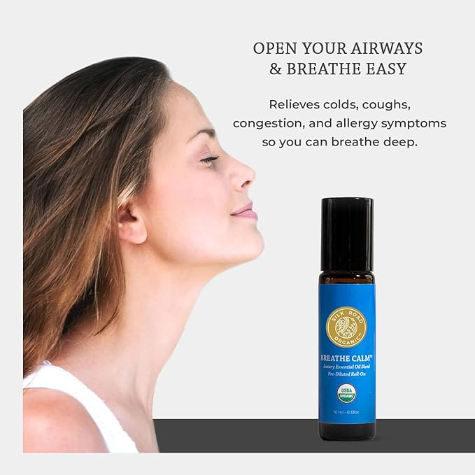Silk Road Organic Breathe Calm Essential Oil Breathe Easy Blend Roll On, 100% Pure USDA Certified Aromatherapy for Cold, Cough, Congestion, Allergy Relief, & Wellness - 10 ml Roller-Velvo Beauty