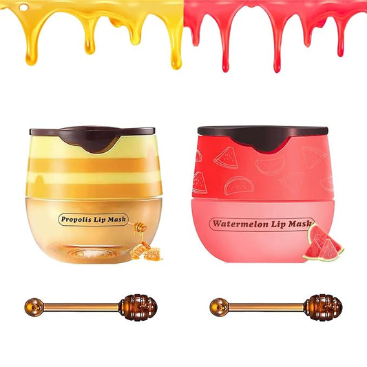 2 PCS Bee Lip Balm Honey Pot, Honey Watermelon Bee Lip Balm Sleeping Lip Mask Overnight with Sticks, Honey Pot Lip Balm Hydrating Exfoliating Prevention Dry and Crack Lip Scrubs-Velvo Beauty