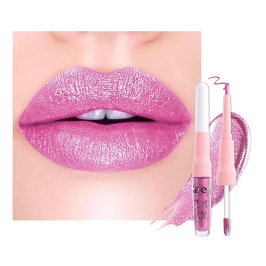 evpct Light Rose Pink Metallic Glitter Lip Liner and Lipstick Combo Lip Gloss Stain Set Makeup for Women Long Lasting Waterproof 24, Pink Metallic Shimmer Frosted Iridescent Shiny Liquid Lipstick 10-Velvo Beauty