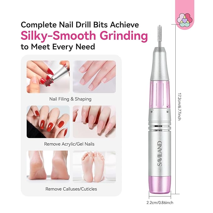 SAVILAND Essentials Electric Nail Drill: 40000RPM High-Torque Nail File Quick Removal for Acrylic Nails Easy Operation Portable Nail Drill for Beginner Home DIY Nail Art Manicure Pedicure-Velvo Beauty