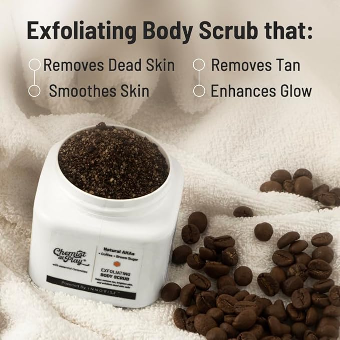 Exfoliating Body Scrub For Removing Tan & Dead Skin Cells | Rough & Bumpy Skin, Tanned & Pigmented Skin | For Smooth, Soft & Bright Skin | Natural AHAs | Coffee 2.6 fl oz.-Velvo Beauty
