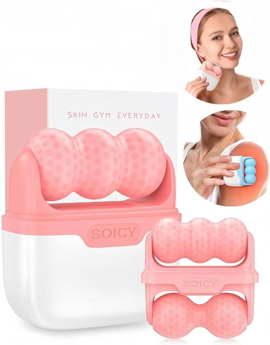 Ice Roller for Face with Gua Sha, Travel ice Roller Cold Therapy Tools, Cold Facial Ice Roller Massager for Eye Puffiness, Migraine, TMJ Pain Relief & Minor Injury (Pink)-Velvo Beauty