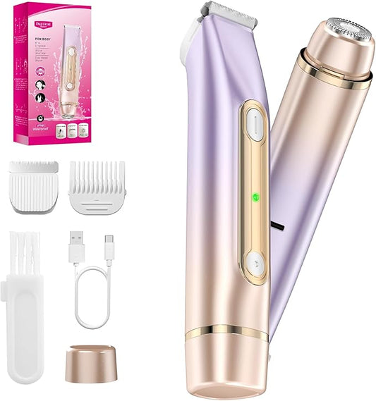2 in 1 Bikini Trimmer for Women, Dual Head Electric Razor, IPX7 Waterproof Wet/Dry Use Women Electric Shaver, Painless Body Facial Hair Remover for Bikini Legs Arm Underarm, (Purple)-Velvo Beauty