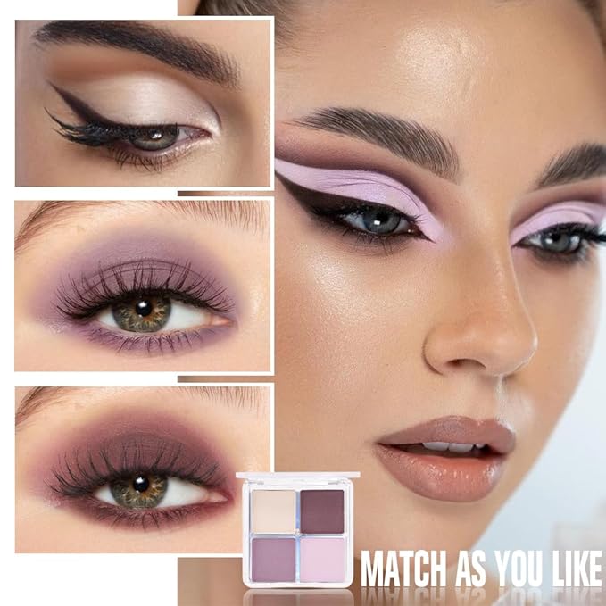 4 Colors Light Violet Pink Purple Brown Eye Shadow Powder Palette Makeup, Neutral Matte Shimmer Quads Eyeshadow Palette for Women Highly Pigmented Waterproof, paleta de sombras de ojos,Vegan 02-Velvo Beauty