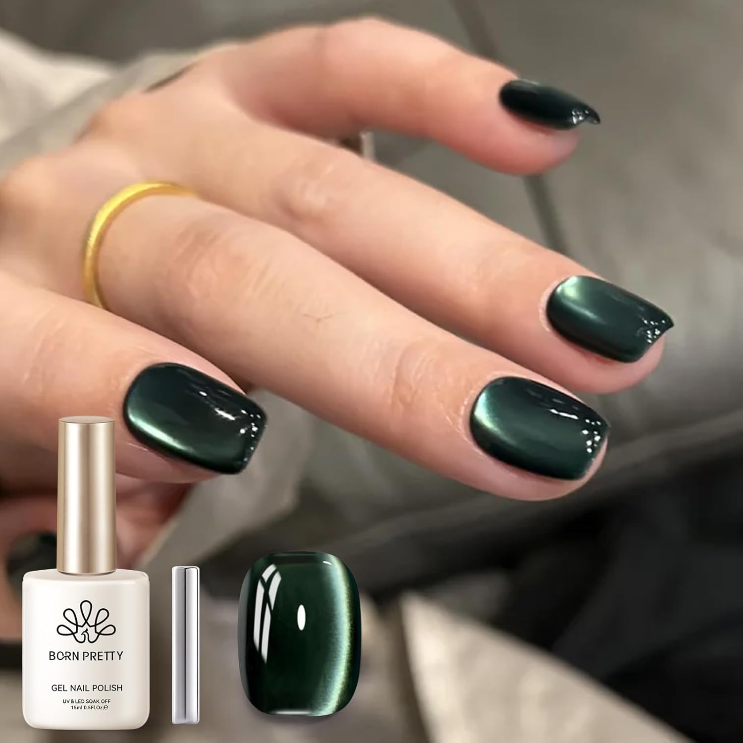 Born Pretty Cat Magnetic Gel Nail Polish, Retro Green Gel Polish Crystal Cat Holographic Magnetic Nail Polish Nail Art Manicure Salon DIY at Home 15ML-Velvo Beauty