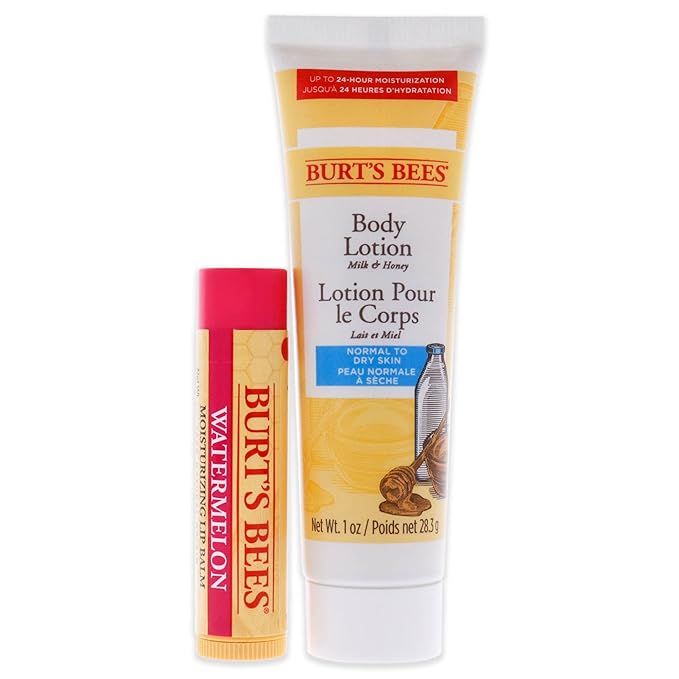 Burts Bees Hive Favorites Kit - Watermelon Unisex -0.15oz Watermelo Lip Balm, 1oz Body Lotion with Milk and Honey 2 Pc,White-Velvo Beauty
