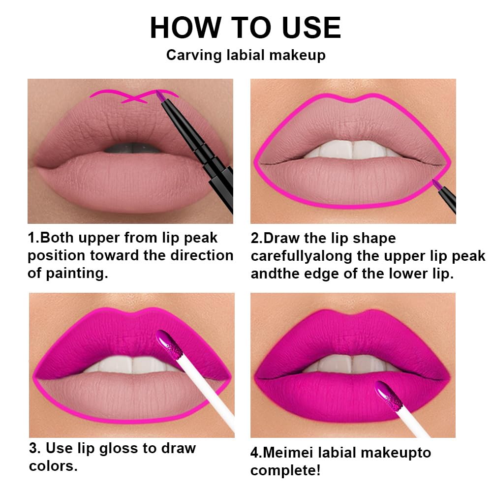 evpct 3Pcs Purple Hot Pink Fuschia Red Matte Lip Liner & Liquid Lipstick Stain Makeup Set for Women, Lip Liner Stain Long Lasting Waterproof Smudge Proof, Cruelty Free Lip Makeup 24 hours originales-Velvo Beauty