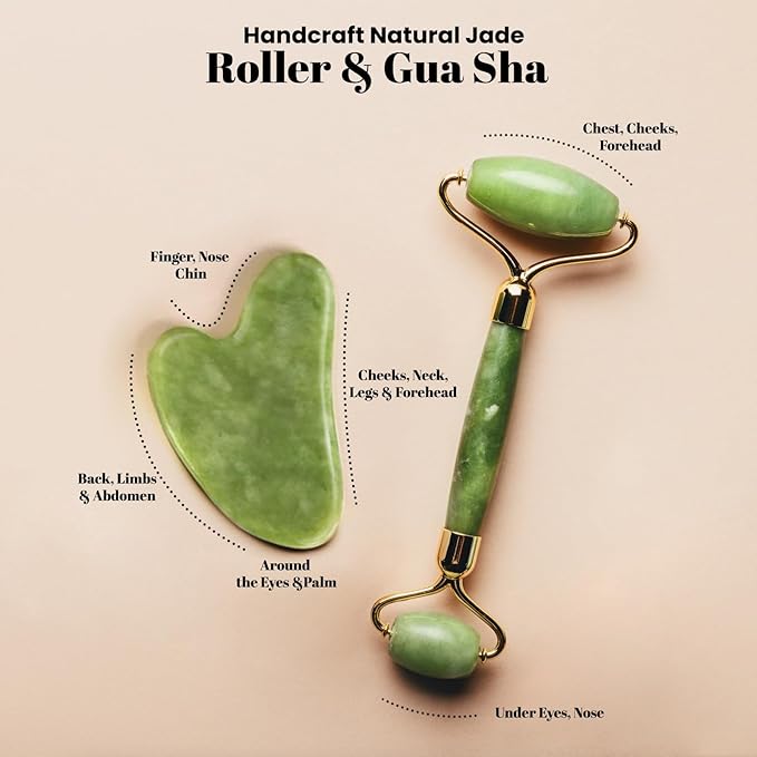 ROSELYNBOUTIQUE Gua Sha Facial Tools & Face Roller for Lift Wrinkless Natural Skincare Tool Jade Roller Guasha Tool for Face (Green)-Velvo Beauty