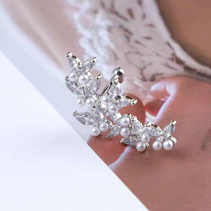 Vintage Crystal Pearl Ear Cuff Earrings Rhinestone Butterfly Cuff Wrap Earrings Cz Butterfly Ear Climber Cuff Earrings Silver Pearl Cz Non Piercing Earring Jewelry for Women(Left)-Velvo Beauty