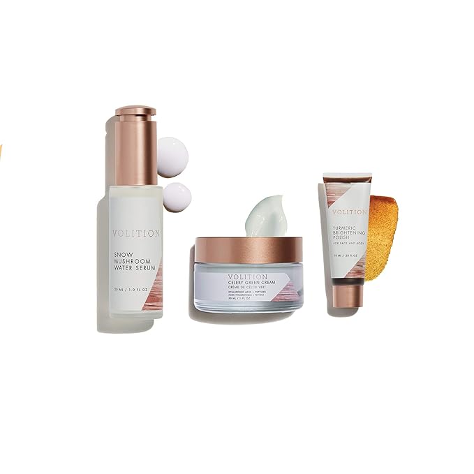 Volition Beauty Dewy Skin Kit Bundle with Celery Green Cream, Snow Mushroom Water Serum, Turmeric Brightening Polish | Age-Defies, Minimizes Pores & Brightens | Vegan, Paraben-Free & Cruelty-Free-Velvo Beauty