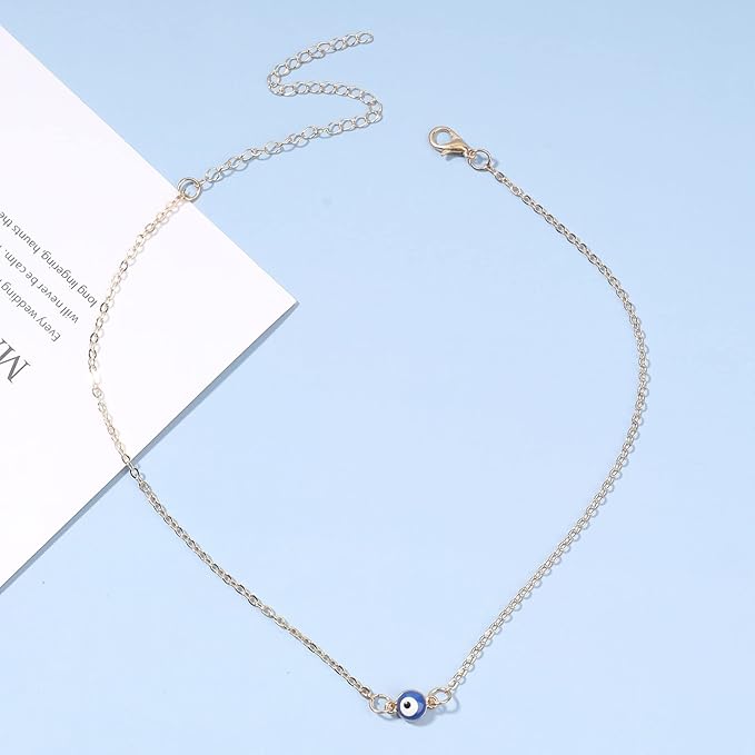 Boho Evil Eye Choker Necklace Blue Eye Pendant Necklace Minimal Gold Chain Necklace Lucky Eye Necklace Amulet Chain Jewelry for Women and Girls-Velvo Beauty