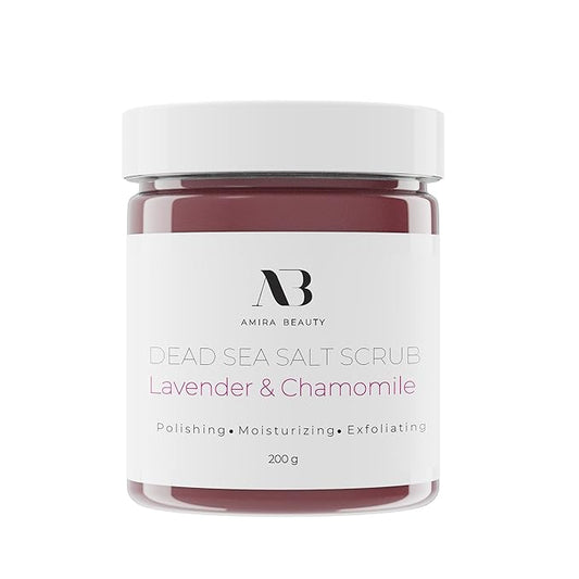 Amira Beauty Dead Sea Salt Body Scrub | Lavender & Chamomile | Foaming Shower Scrub with Organic Essential Oils | Exfoliates and Moisturizes Skin | 7 OZ-Velvo Beauty