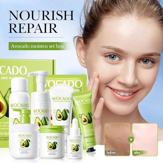 Avocado Facial Skincare Set - Complete Eight-Piece Kit for Soothing, Nourishing, and Moisturizing-Velvo Beauty