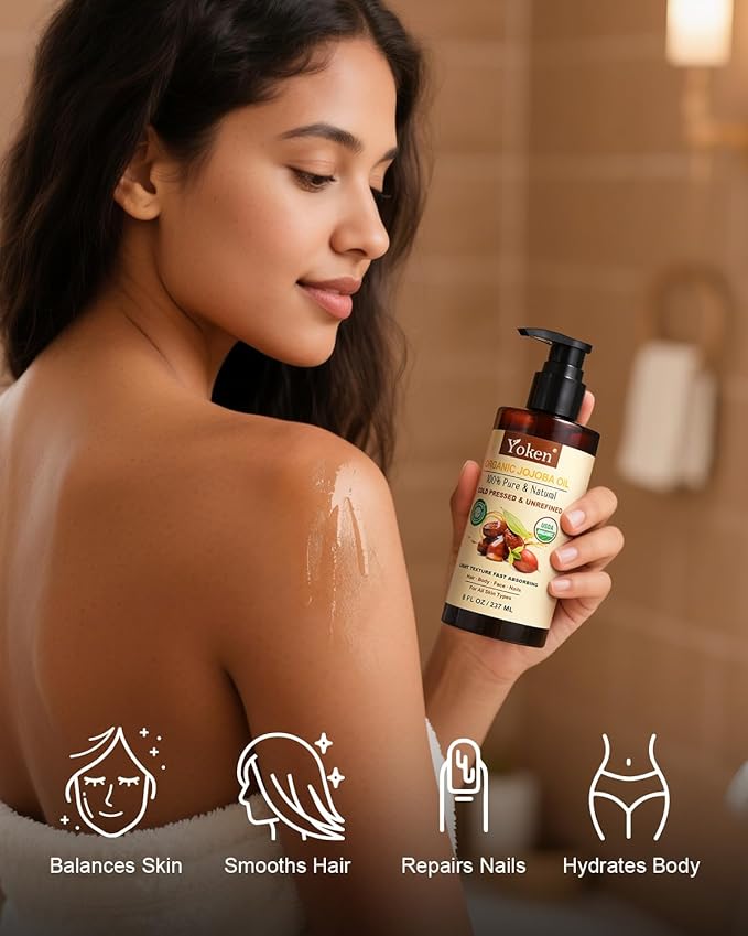 Yoken USDA Organic Jojoba Oil Cold Pressed 8 fl oz, 100% Pure & Natural Unrefined Jojoba Oil for Face Hair & Skin Massage, Hexane Free, Deeply Moisturizing Body Carrier oils Multi-Purpose Serum-Velvo Beauty