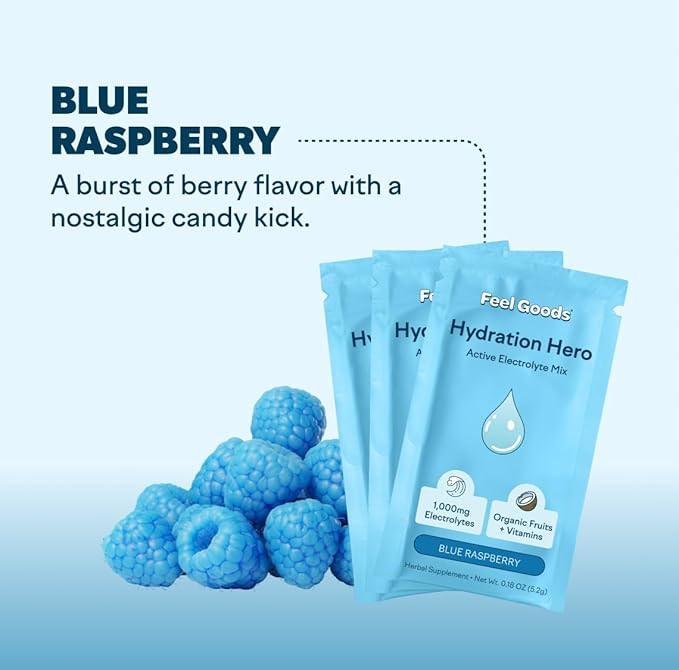 Feel Goods Hydration Hero, 1,000mg Electrolytes Powder, Sugar Free, Magnesium, Organic Aloe Vera, L Theanine, Vitamin C & B12, Keto, Vegan, Electrolyte Packets, Blue Raspberry, 15 Count-Velvo Beauty