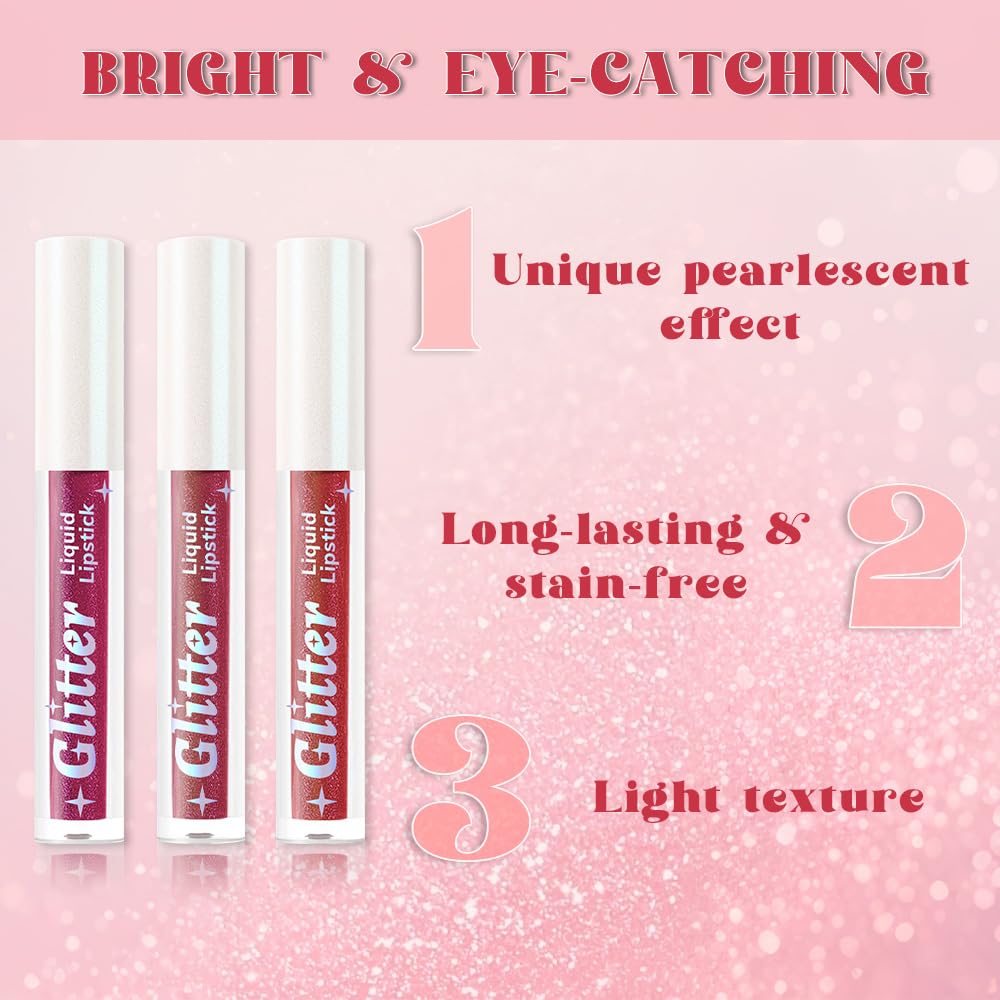 3Pcs Metallic Lipstick for Women,Lightweight Glitter Sparkling Liquid Lipsticks,Shimmer Lip Gloss Stain Long Lasting Waterproof Smudge Proof Non-Drying 24 Hour Full Coverage Lip Makeup,Vegan-Velvo Beauty