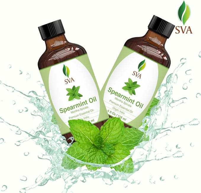 SVA Spearmint Essential Oil – 4 Fl Oz – 100% Natural Spearmint Oil - for Diffuser, Hair Care, Face, Skin Care, Aromatherapy, Scalp and Body Massage, Soap and Candle Making – with Dropper-Velvo Beauty