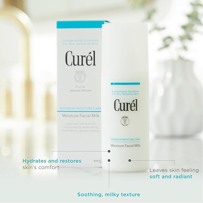 Curel Japanese Skin Care Moisture Facial Milk Moisturizer, Daily Face Lotion for Dry Sensitive Skin, pH Balanced, Unscented Advanced Ceramide Care Face Cream without Drying Alcohols, 4 oz-Velvo Beauty