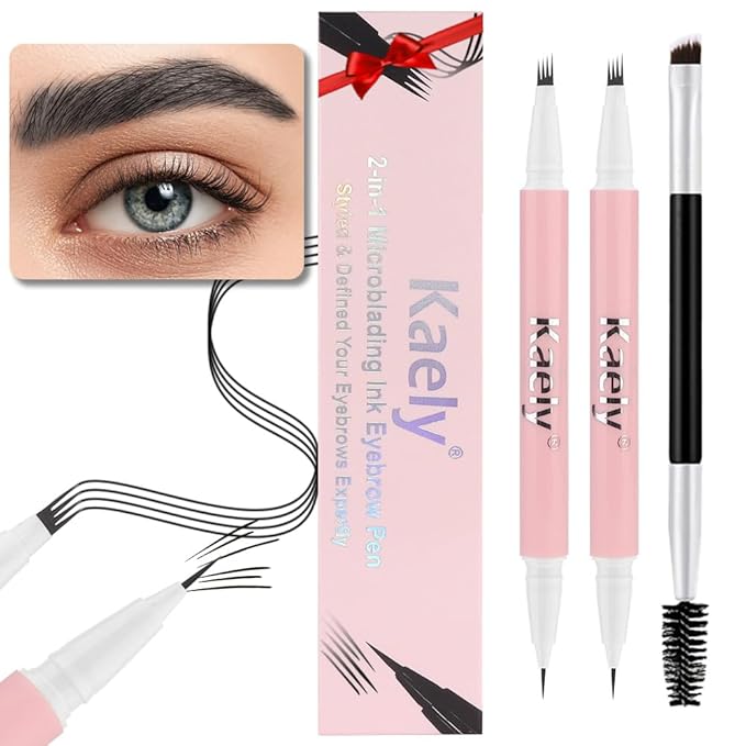 evpct 2Pcs Black Magic Microblading Dual-Ended Eyebrow Contouring Pen Brow Pencil, with 4 Brush Micro-Fork-Tips Applicator and Precise Brush-Tip, Hair Like Strokes, with Dual-ended Eyebrow Brush-Velvo Beauty
