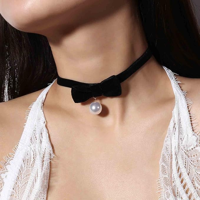 Vintage Satin Choker Necklace Pearl Pendant Necklace Black Bow Necklace Punk Leather Collar Necklace Chain Jewelry for Women and Girls-Velvo Beauty