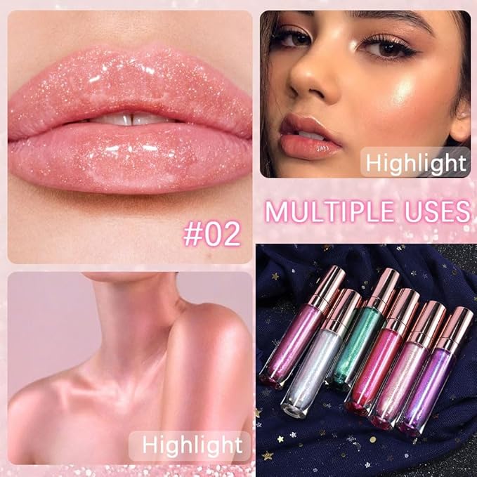 GECOMO Colorful Explosive Pearlescent Lip Gloss 3D Multifunctional Fine Glitter Chameleon Lip Gloss Polarized Diamond Makeup, Magic Big Brush Color Changing Lip Oil(102# GOLD GLITTER)-Velvo Beauty