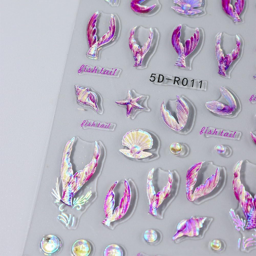 5D Dreamy Mermaid Tail Nail Stickers Summer Nail Decals 5D Embossed Laser Mermaid Nail Art Stickers Sea Wave Fishtail Shellfish Starfish Nail Design Stickers Self Adhsive Ocean Stickers for Nails DIY-Velvo Beauty