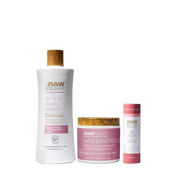 Raw Sugar Beach Rose + Coconut Milk + Shea Body Love Bundle - Sensitive Skin Body Wash, Body Scrub & Deodorant, Clean Ingredients, Formulated without Sulfates and Parabens-Velvo Beauty