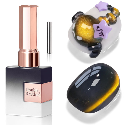 Double Rhythm Jelly Glass Cat Eye Gel Polish with Magnet 15ML Holographic Glitter Shimmer Translucent Sheer Color Magnetic Nail Polish Salon DIY at Home (Golden Black-MC1256)-Velvo Beauty