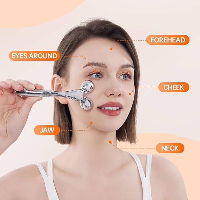 Metal Facial Roller Massager, 3D Cooling Face Massage Tool for Reduce Puffiness, Remove Eye Wrinkles, Face Lifting, Increase Firmness, Anti-Aging, Skin Tightening-Velvo Beauty