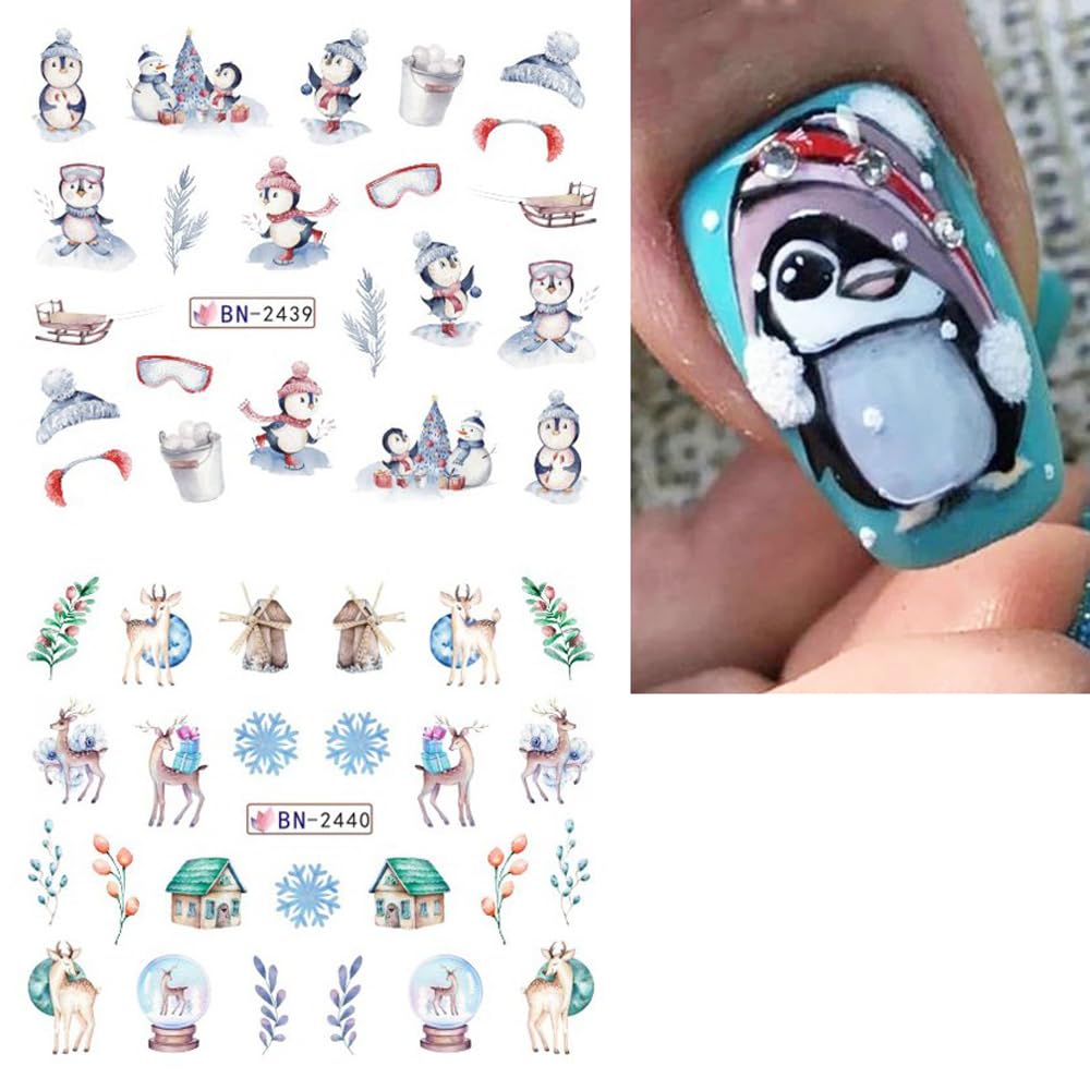 Snowflake Nail Art Stickers Decals Christmas Decorations - 12 Sheets Winter Snowman Elk Penguin Bear Design Water Transfer Slider Foils Supplies for Women DIY Acrylic-Velvo Beauty