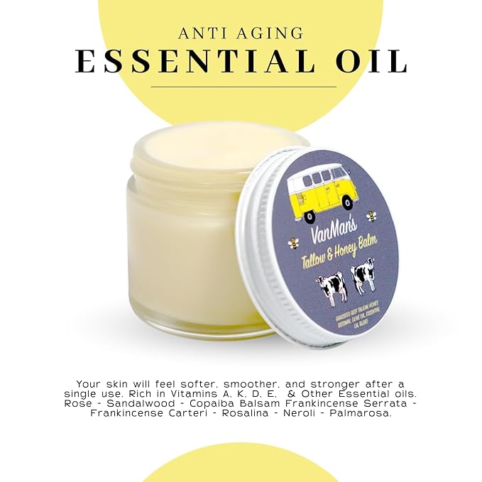 Vanman's - Tallow and Honey Balm Jumbo - Tallow Face Moisturizer with Pure Grass-Fed/Finished Beef Tallow for Skin and Essential Oils, Organic Raw Honey and Beeswax, Cold Pressed Olive Oil - 6 oz-Velvo Beauty