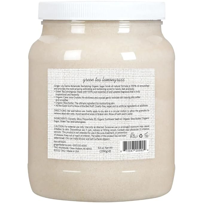 Ginger Lily Farms Botanicals Revitalizing Organic Sugar Scrub, All-Natural Skin Exfoliating Sugar Crystals, 100% Vegan & Cruelty-Free, Green Tea Lemongrass, 64 oz.-Velvo Beauty