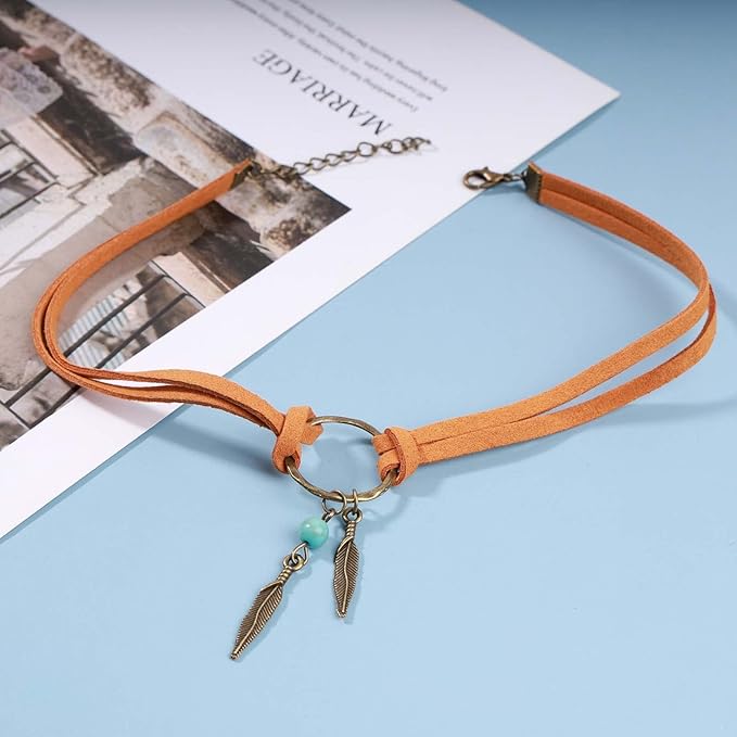 Boho Layered Suede Choker Necklace Tiny Leaf Pendant Necklace Chain Brown O Ring Leather Choker Necklace Turquoise Bead Necklace Chain Jewelry for Women and Girls-Velvo Beauty