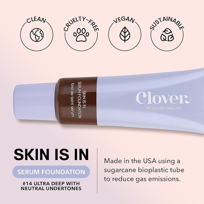 Clover Skin Is In Serum Foundation | Hydrating Face Serum, Lightweight Foundation, Cruelty-Free & Vegan | With Squalane And Sunflower Seed Wax | 30 ml - Shade 14 (Deep)-Velvo Beauty