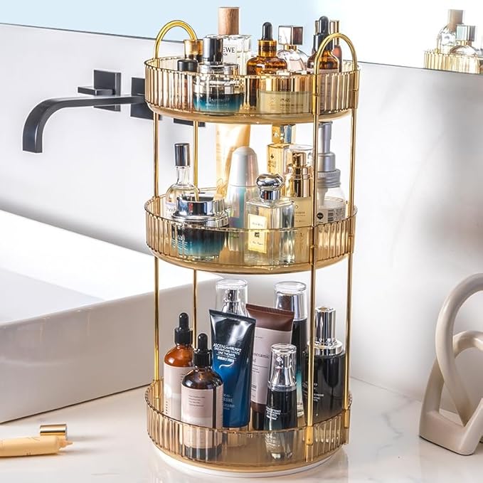 360 Rotating Makeup Organizer - High-Capacity Skincare & Cosmetics Organizer for Vanity, Bathroom or Dresser (3 Tiers, Amber)-Velvo Beauty