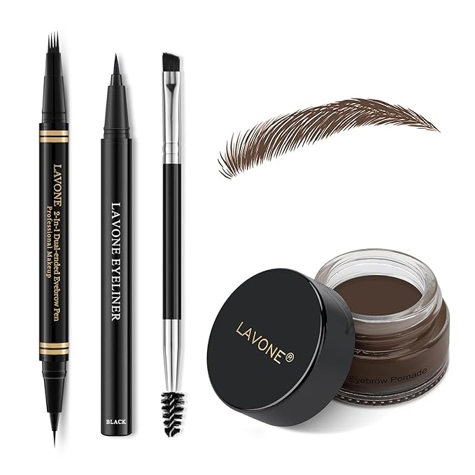 Makeup Kit with 4 Tip Waterproof Microblading Eyebrow Pencil, Eyeliner, Pomade and Dual-ended Eyebrow Brush - Dark Brunette-Velvo Beauty