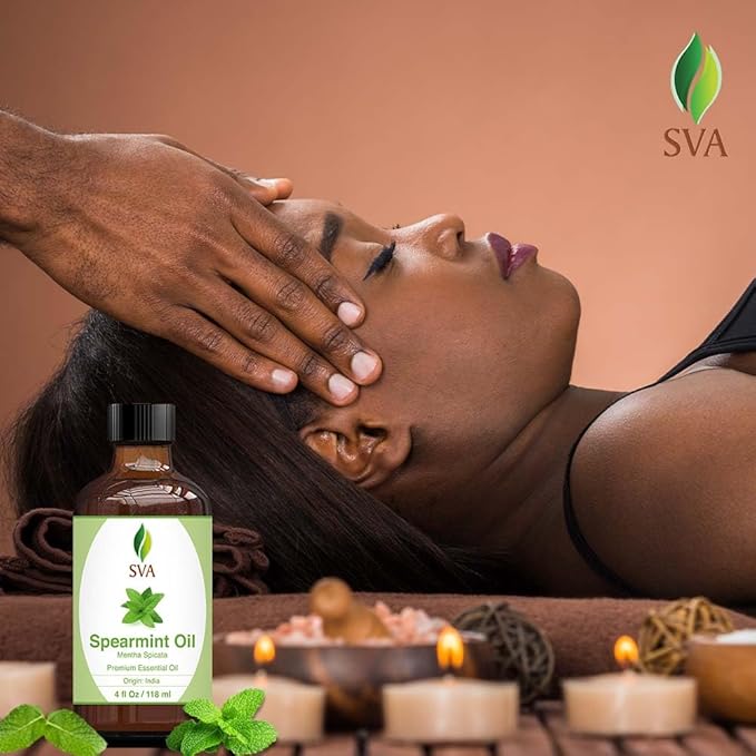 SVA Spearmint Essential Oil – 4 Fl Oz – 100% Natural Spearmint Oil - for Diffuser, Hair Care, Face, Skin Care, Aromatherapy, Scalp and Body Massage, Soap and Candle Making – with Dropper-Velvo Beauty