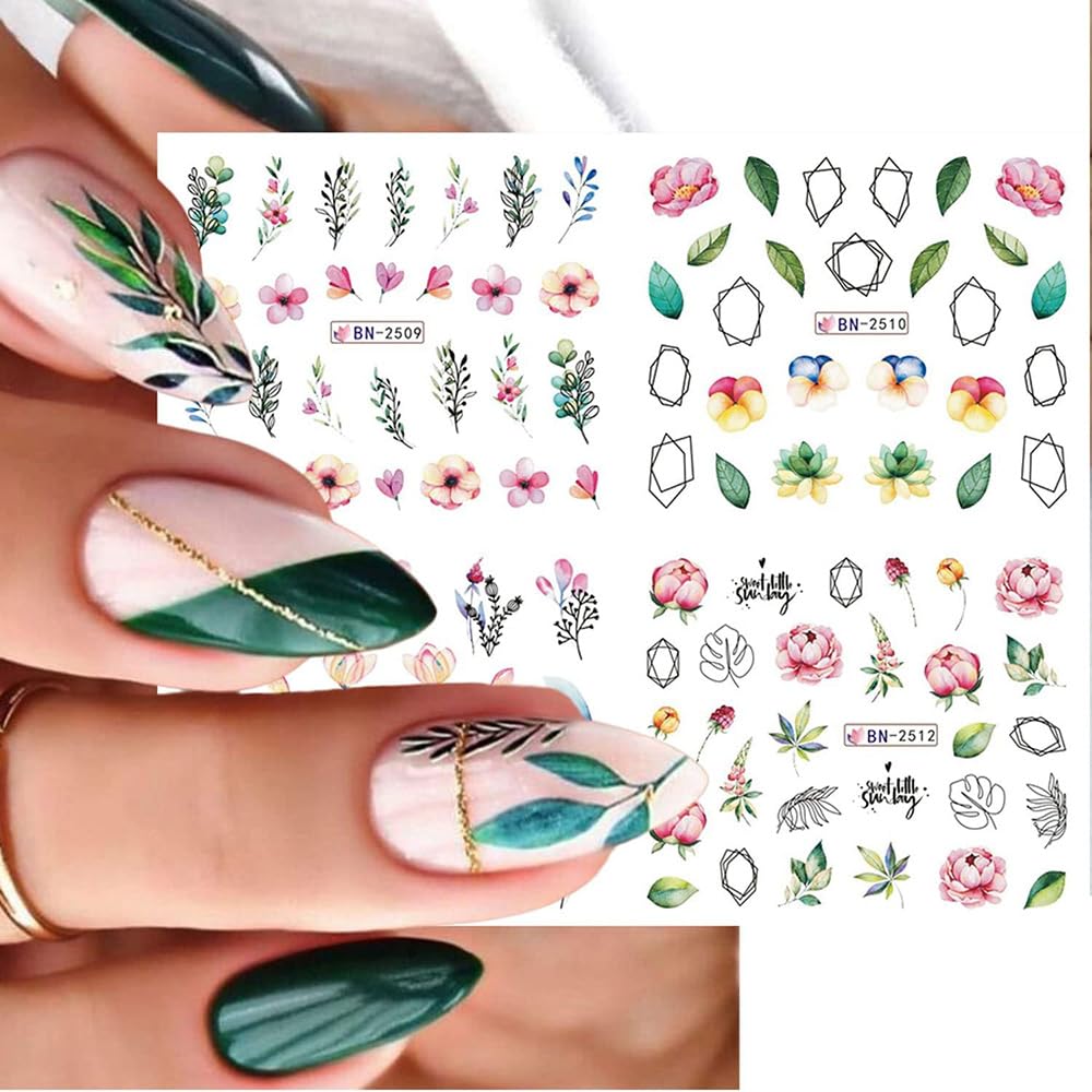 12 Sheets Flower Nail Water Transfer Decals, Nail Art Stickers for Women, Holographic Colorful Flower Leaf Patterns Nail Designs Supplies, Acrylic Nails Decorations DIY Resin Nail Decal Tattoos Set-Velvo Beauty