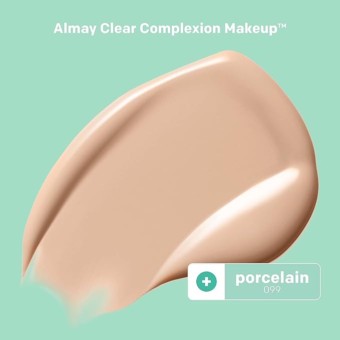 Almay Clear Complexion Acne Foundation Makeup with Salicylic Acid - Lightweight, Medium Coverage, Hypoallergenic, Fragrance-Free, for Sensitive Skin, 099 Porcelain, 1 fl oz.-Velvo Beauty