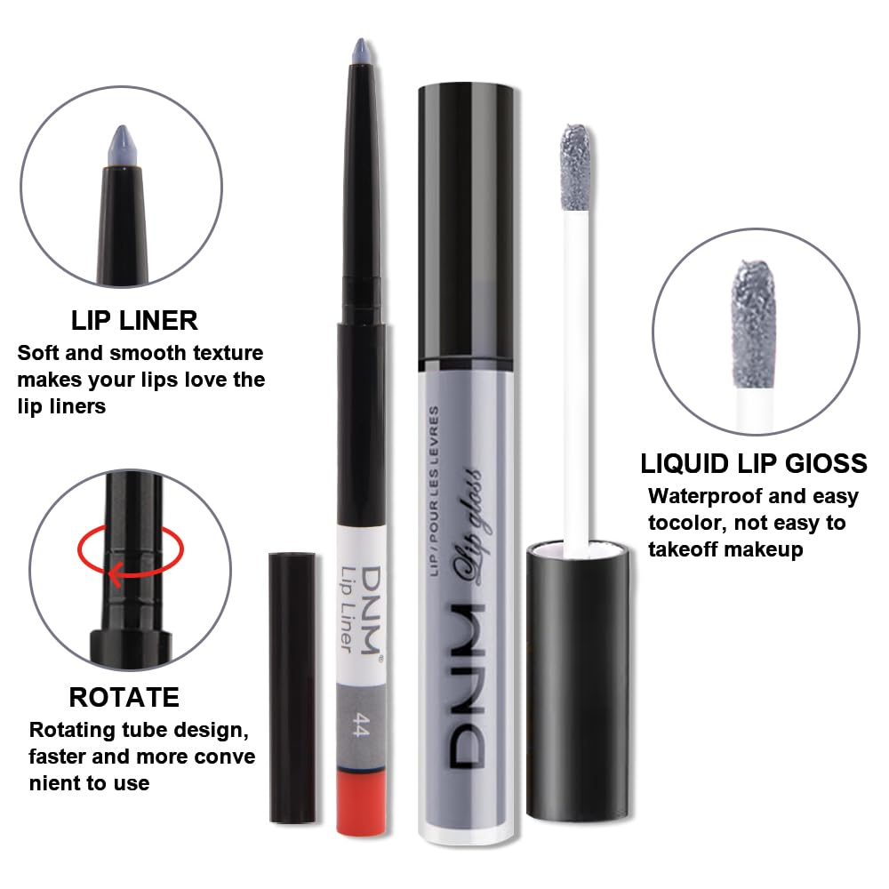 evpct 2Pcs Grey Gray Matte Liquid Lipstick Lip Gloss Stain and Retractable Lip Liner Makeup Set for Women Long Lasting Waterproof 24 Hours Permanent Lipstick labial mate larga duracion 24 44#-Velvo Beauty