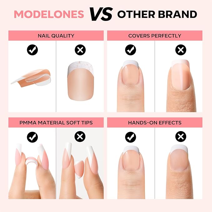 modelones French Tip Press on Nails, Short Square Fake Nails with Nail Box, Nude Gel Nail Tips for Women, Soft Glue-On Nails for Natural Salon Look, DIY Nail Art Kit-Velvo Beauty