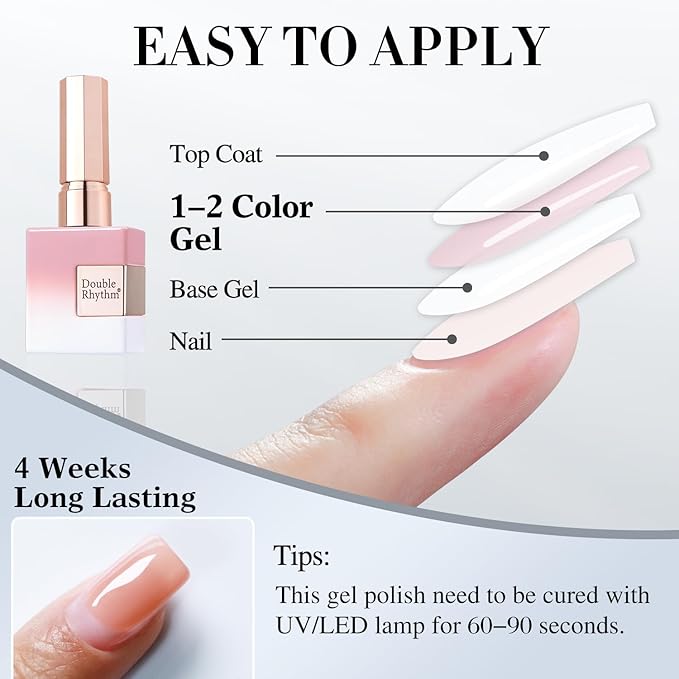 Double Rhythm 0.50 OZ Translucent Gel Polish Same Color Same Bottle Sheer Pastel Neutral Natural Milky 15 ML Jelly UV Nail Art DIY at Home (Beige Nude-A1511)-Velvo Beauty