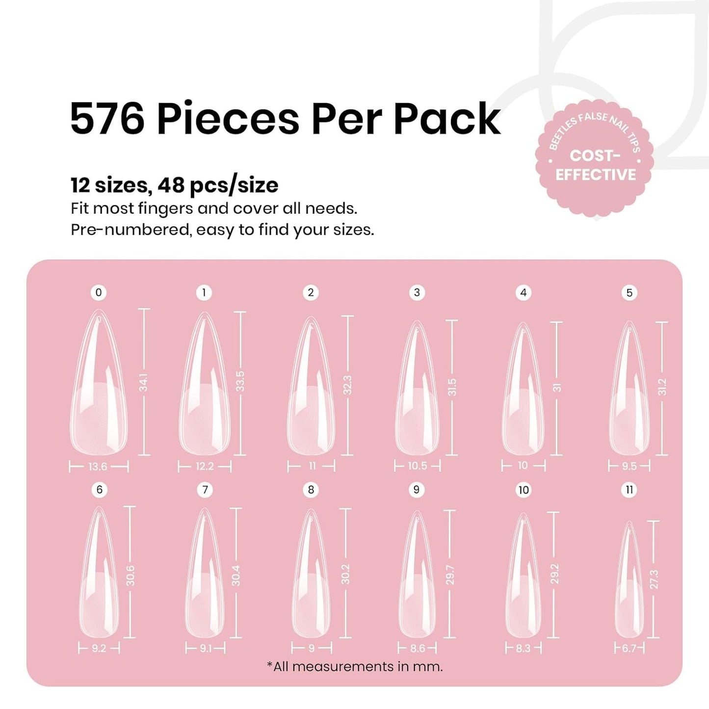 Beetles Gel Nail Tips Etch-X, Stiletto Medium, 576Pcs 12 Sizes, Pre-Etched Half Matte Full Cover Soft Acrylic Fall Halloween False Nail Tips Easy DIY Press On Nail Extensions Salon Gift for Women-Velvo Beauty