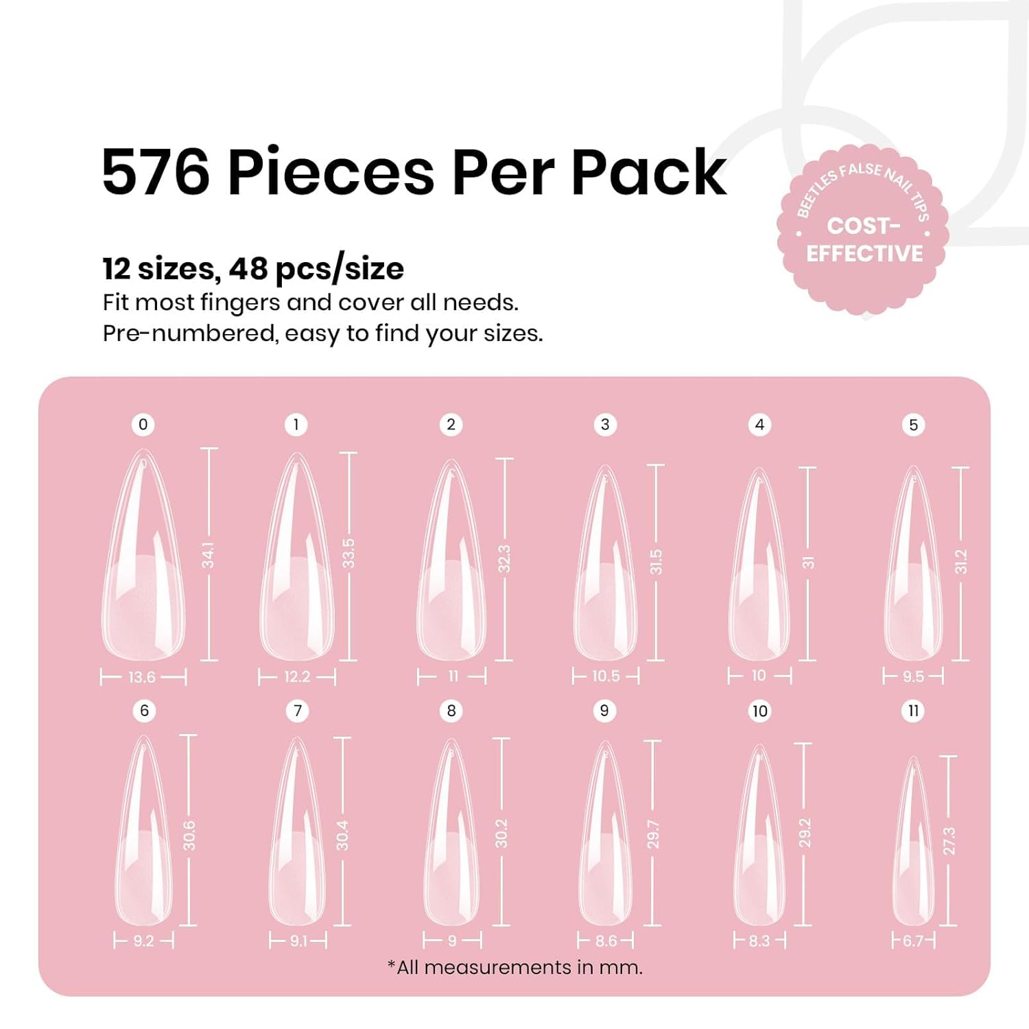 Beetles Gel Nail Tips Etch-X, Stiletto Medium, 576Pcs 12 Sizes, Pre-Etched Half Matte Full Cover Soft Acrylic Fall Halloween False Nail Tips Easy DIY Press On Nail Extensions Salon Gift for Women-Velvo Beauty