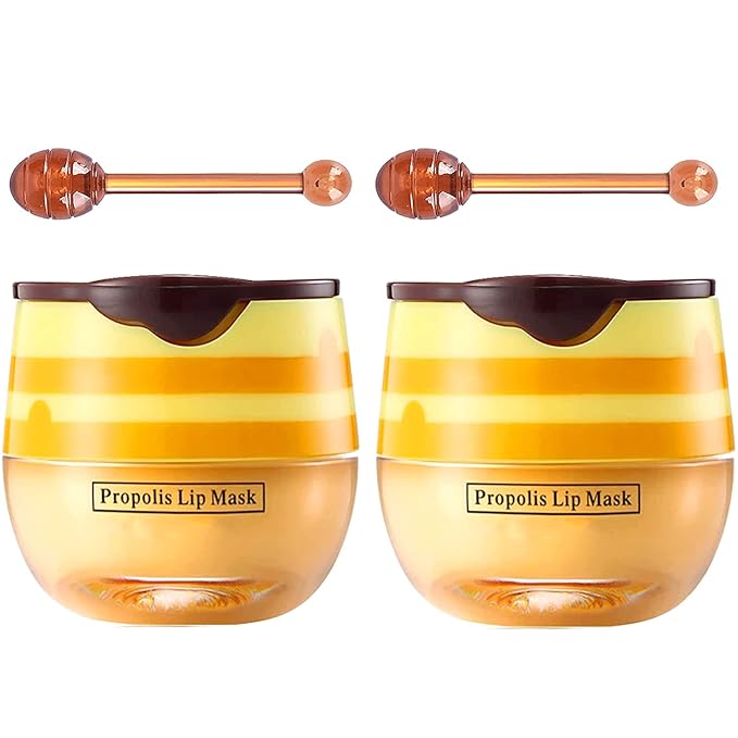 Bee Lip Balm Honey Pot, Strawberry & Honey Moisturizing Propolis Lip Mask, Hydrating & Prevention Dry and Cracked Lip Scrubs Exfoliator, Reduces Lip Lines (2Pcs Yellow)-Velvo Beauty