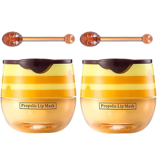 Bee Lip Balm Honey Pot, Strawberry & Honey Moisturizing Propolis Lip Mask, Hydrating & Prevention Dry and Cracked Lip Scrubs Exfoliator, Reduces Lip Lines (2Pcs Yellow)-Velvo Beauty