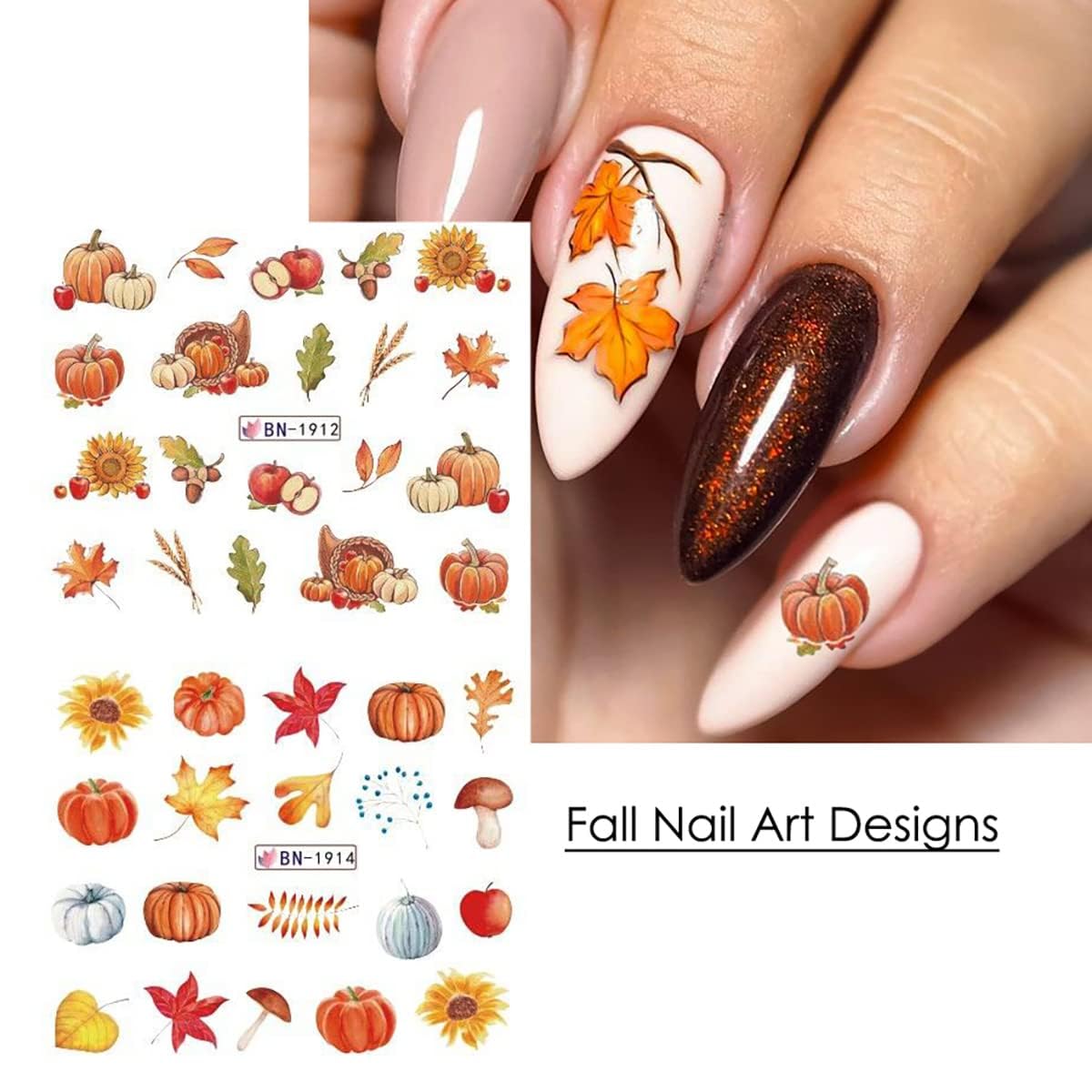 Fall Nail Art Stickers Maple Leaf Water Transfer Nail Decals Nail Supplies Autumn Maple Leaves Pumpkin Turkey Fox Design Watermark Nail Art Decorations Thanksgiving Day Stickers Manicure Tips 12Pcs-Velvo Beauty