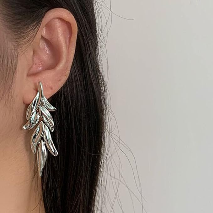 Statement Leaf Dangle Drop Earrings Vintage Silver Leaf Cluster Drop Earrings Punk Large Leaf Dangle Earrings Bridal Earring Wedding Prom Earring Jewelry for Women and Girls-Velvo Beauty