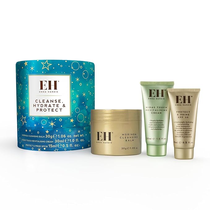 Emma Hardie Cleanse, Hydrate & Protect Gift Set: 30ml Moringa Cleansing Balm, 30ml Midas Touch Revitalising Cream & 15ml Protect & Prime SPF30 Sunscreen Face Moisturiser, Natural & Cruelty Free-Velvo Beauty