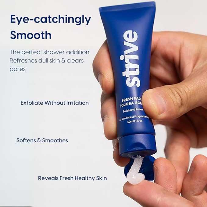Strive - Fresh Face Jojoba Scrub - Mens Face Scrub, Fragrance Free, Smooth, Clear Skin, Refreshing with Aloe Vera, Centella Asiatica, Hyaluronic Acid & Niacinamide - For All Skin Types - 30 ML-Velvo Beauty